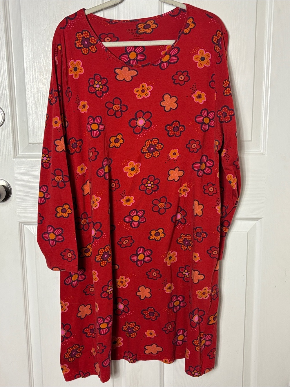 GUDRUN SJODEN Red Floral Long Sleeve Tunic Dress Size XXL Organic Cotton Blend